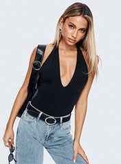 Kendrae Plunge Halter Bodysuit Black