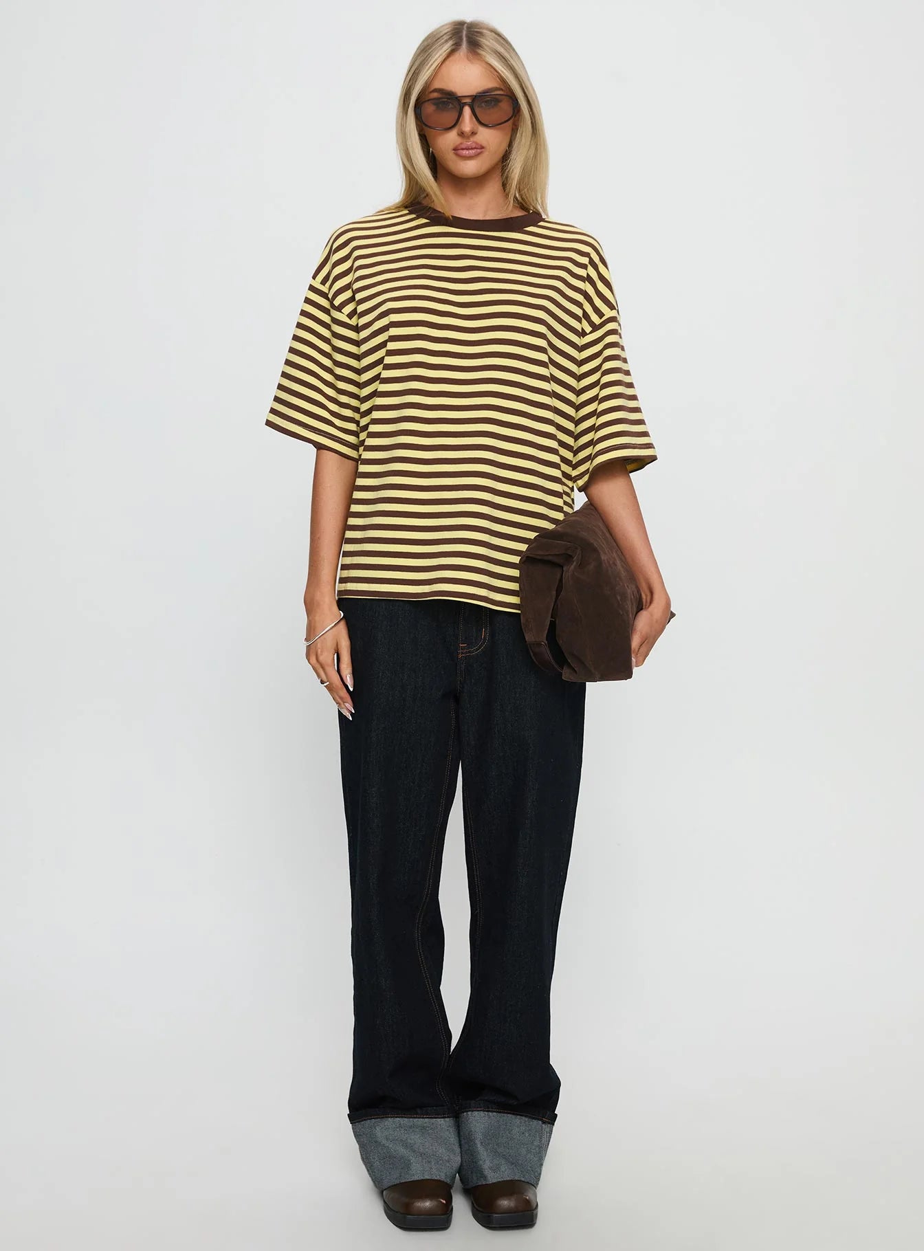Keep Falling Short Sleeve Top Yellow / Brown Stripe