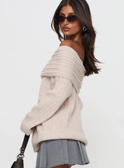 Mirrelle Off Shoulder Knit Sweater Beige