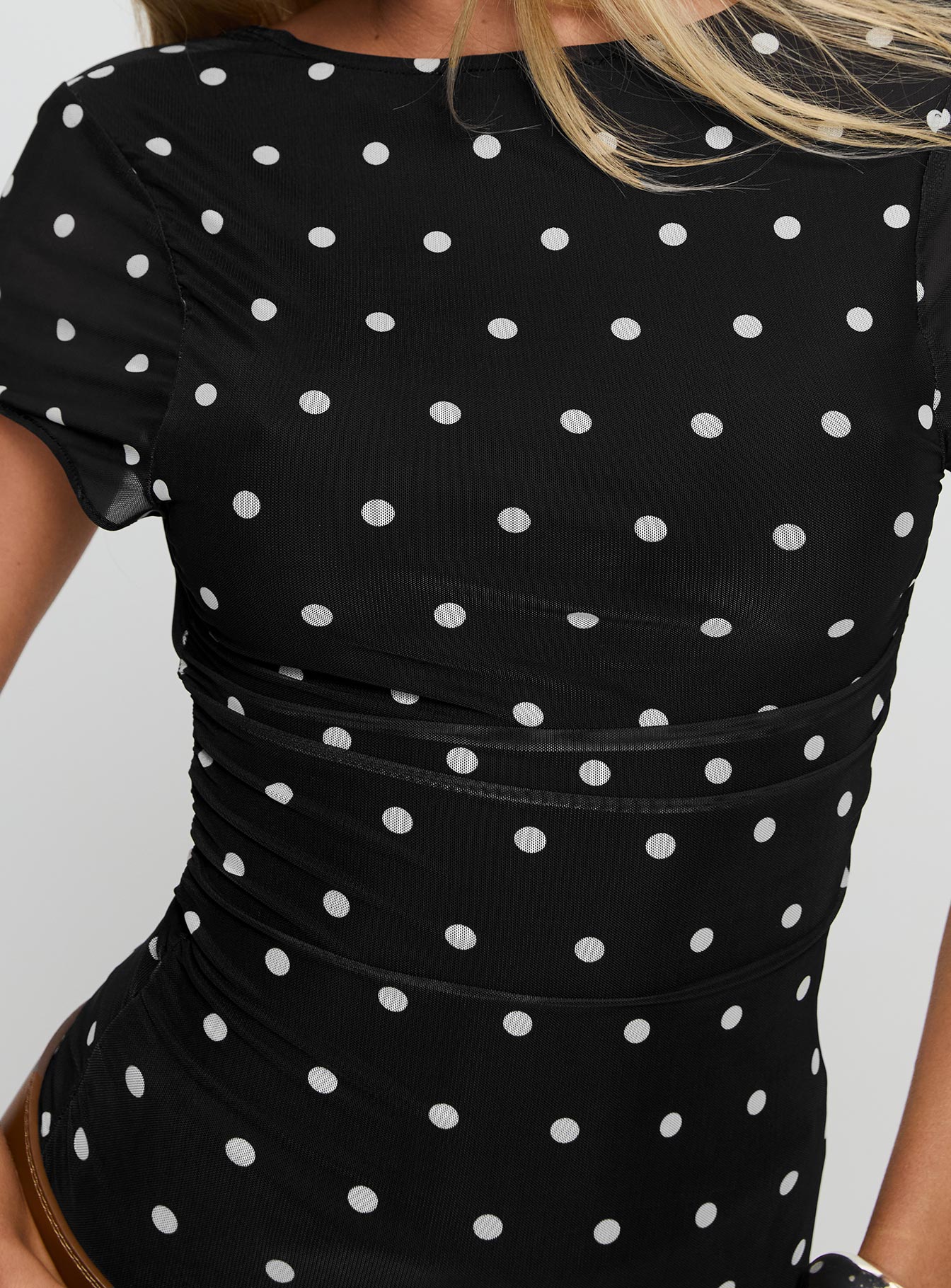 Attraction Cap Sleeve Mesh Top Black Polka