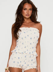 Warm Welcome Strapless Top Blue Floral