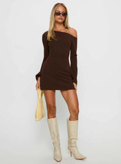 Adrietta Long Sleeve Off Shoulder Knit Mini Dress Brown