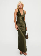 Iridescent Plunge Maxi Dress Olive Green
