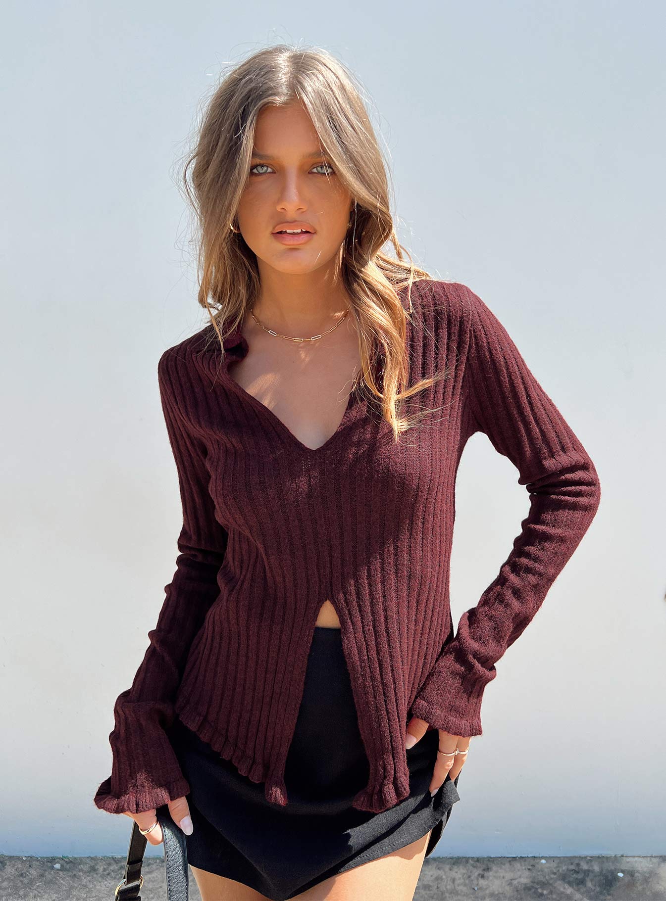 Lahey Long Sleeve Polo Knit Top Maroon