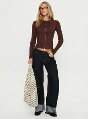 Tiaira Textured Zip Through Collared Long Sleeve Top Brown