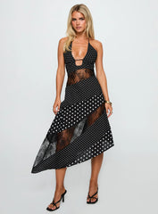 Down With Love Asymmetrical Midi Dress Black / White Polka