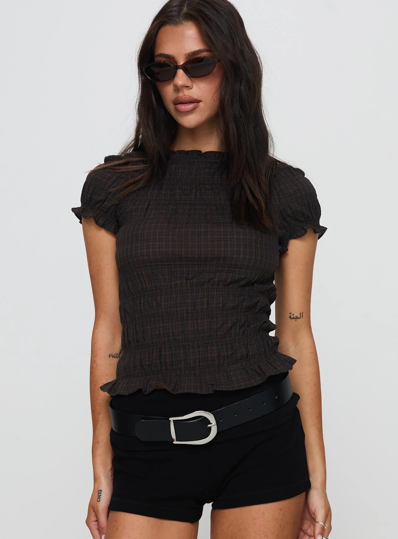 Romelle Shirred Top Black / Brown Plaid Petite
