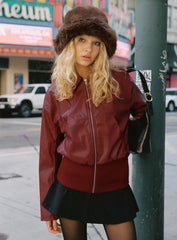 Radio On Blast Faux Leather Bomber Jacket Red