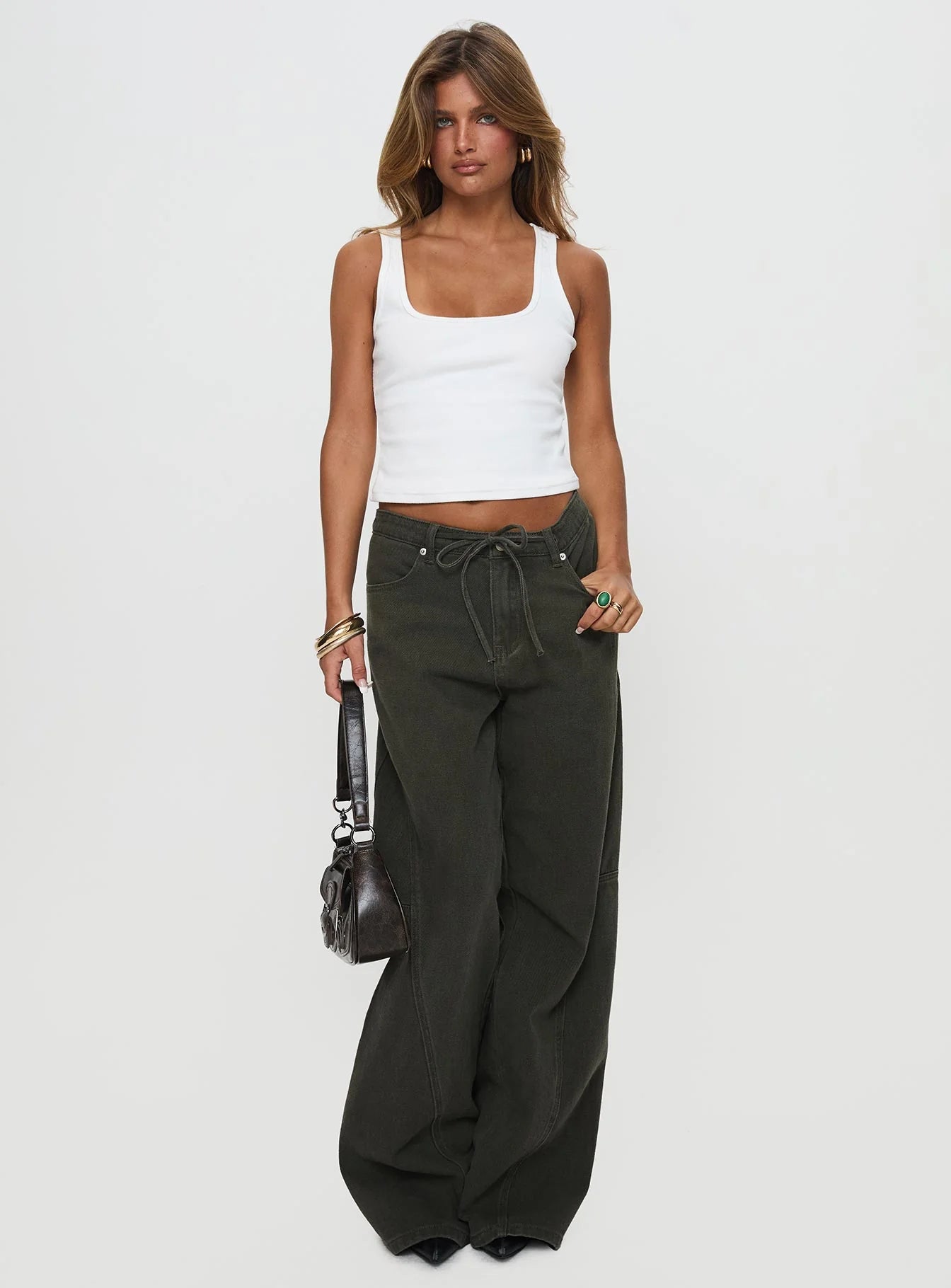 Bruiser Tie Waist Mid Rise Wide Leg Jeans Green Petite