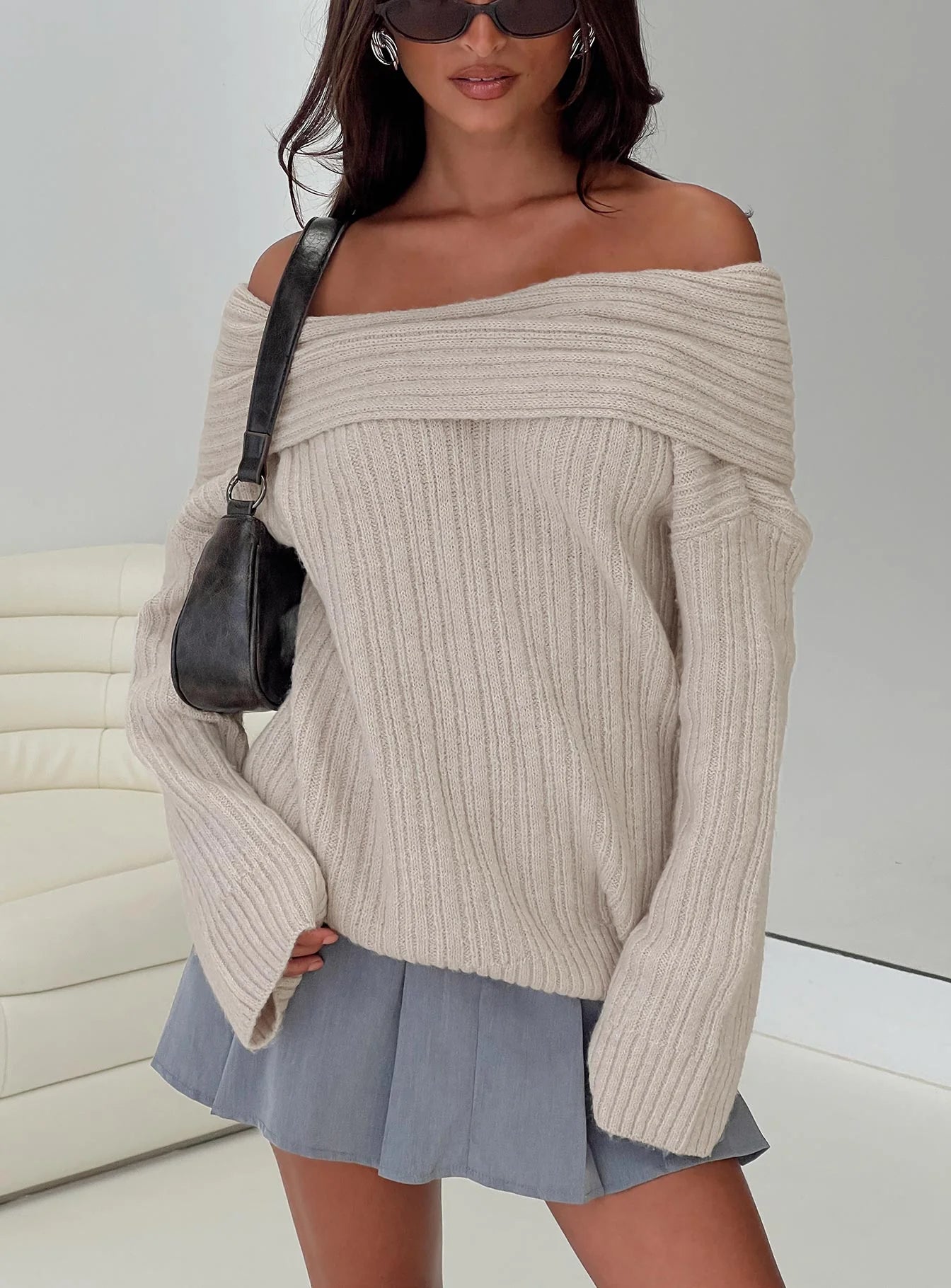 Mirrelle Off Shoulder Knit Sweater Beige