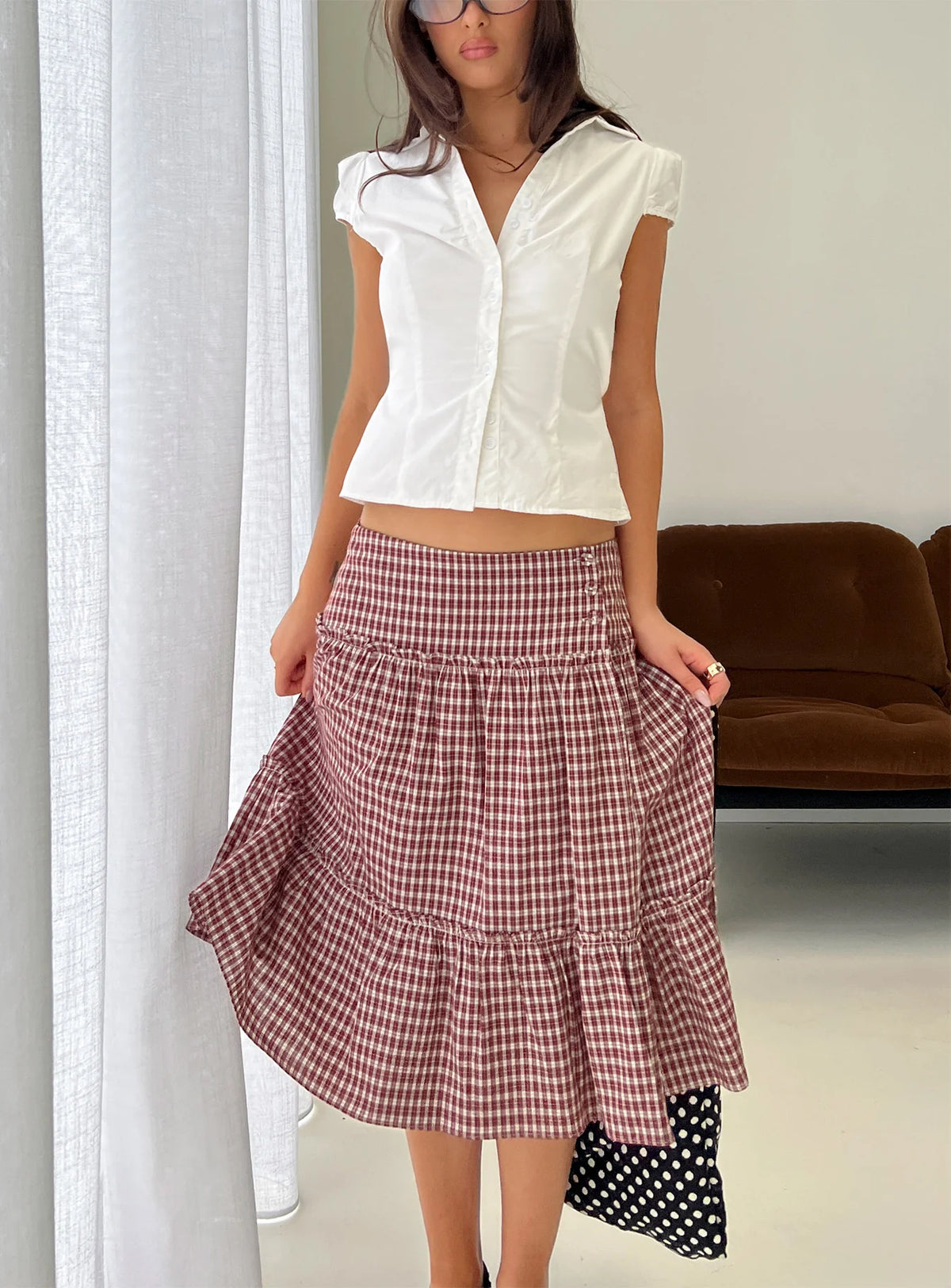 Cascades Low Rise Midi Skirt Red Check