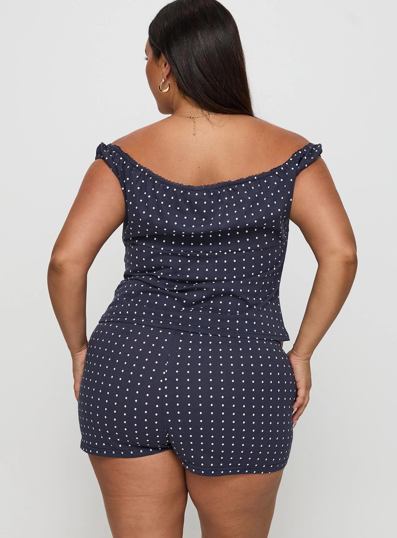 Drift Away Off The Shoulder Sleep Set Navy Dot Curve