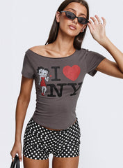 Betty Loves NYC Loose Graphic Top Charcoal