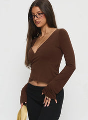 Stefanee Long Sleeve Wrap Top Brown