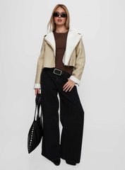 Shearling Trim Faux Leather Jacket Beige