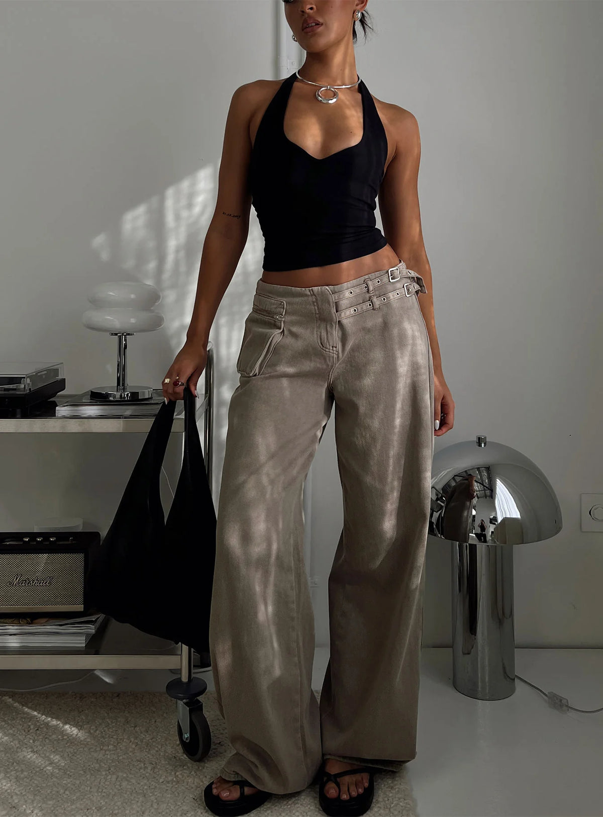 Paltrow Mid Rise Wide Leg Cargo Jeans Washed Brown Petite