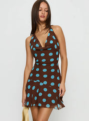 Karolie Halter Plunge Mini Dress Brown Blue Polka Dot