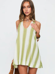 Khaia Halter Mini Dress Green Cream Stripe