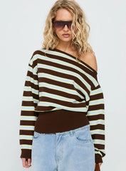 Zinia Off Shoulder Knit Sweater Brown Blue Stripe