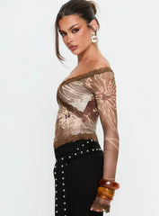 Katlyne Long Sleeve Lace Trim Top Brown Floral