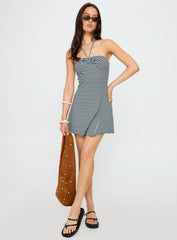 Knoxi Halter Jersey Mini Dress Blue Brown Stripe