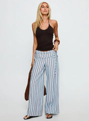 Silver Moon Linen Blend Tie Pants Blue / Maroon Stripe