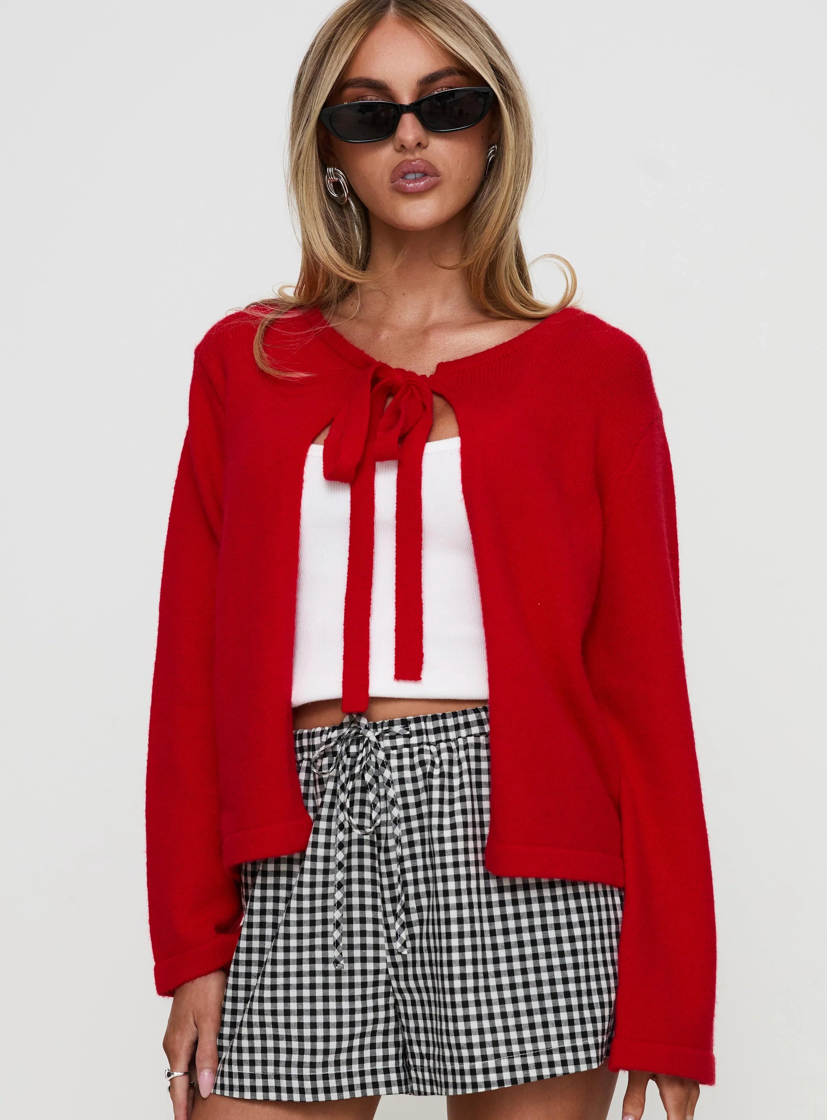 Norine Tie Up Knit Sweater Red