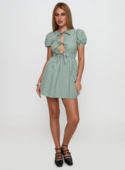 Nurture Bow Mini Dress Green Stripe