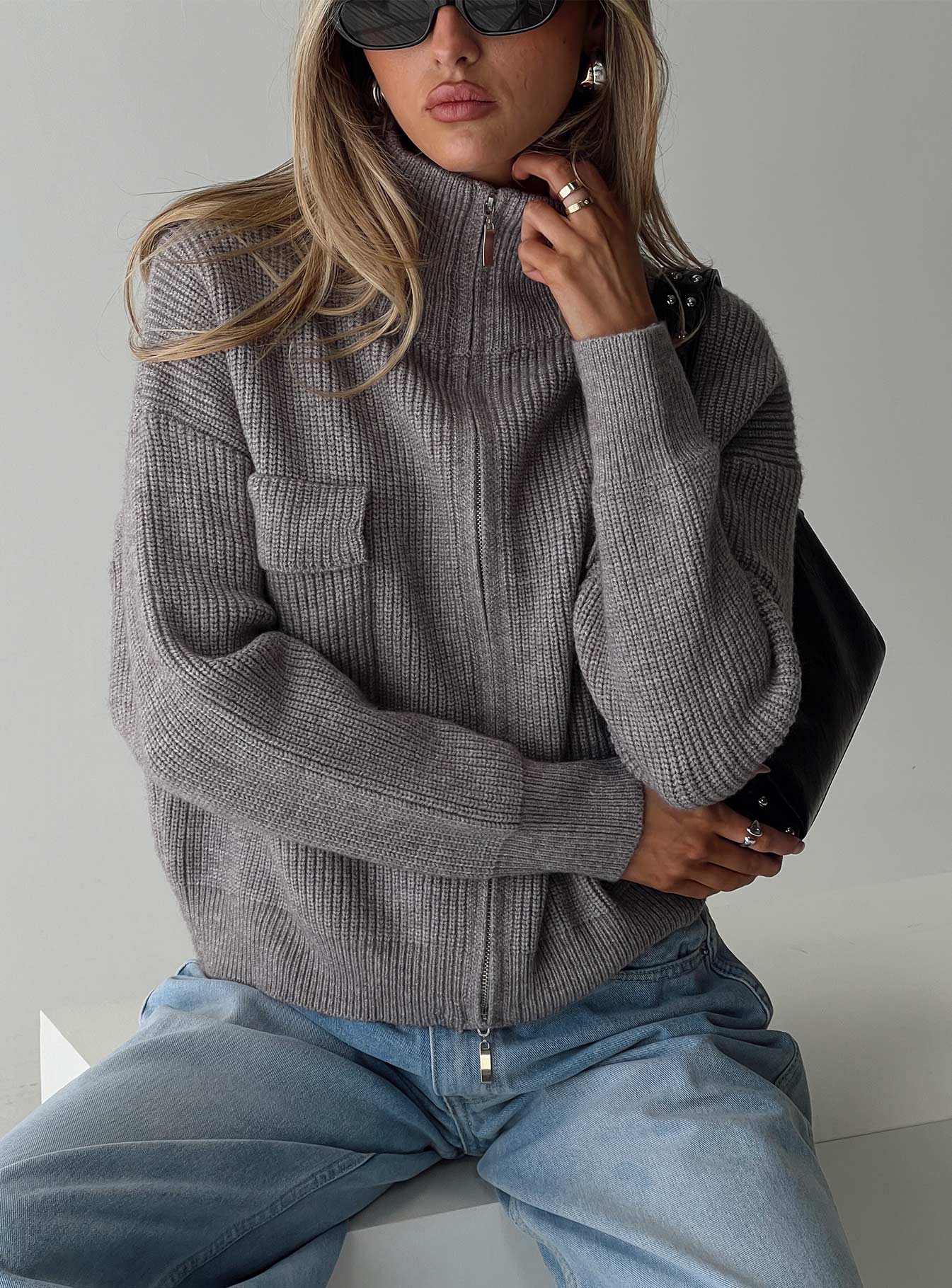 Too Busy Zip Up Sweater Grey
