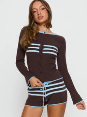 Beverlea Button Down Knit Cardigan Brown Blue Stripe
