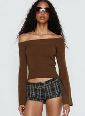 Perrey Long Sleeve Off Shoulder Knit Top Brown