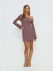 Adrietta Long Sleeve Off Shoulder Mini Dress Chocolate Pink Stripe