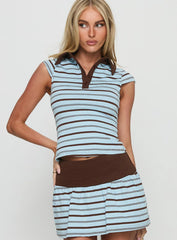 Cadey Contrast Collar Polo Top Blue Brown